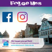 Bild Am Sande in Lüneburg bei Sonnenaufgang mit der Aufschrift "Folge uns", den Facebook und Instagram-Logos, sowie dem Text "Wir freuen uns auf Dich! Folge uns auf Facebook und Instagram. www.lebensraum-diakonie.de"